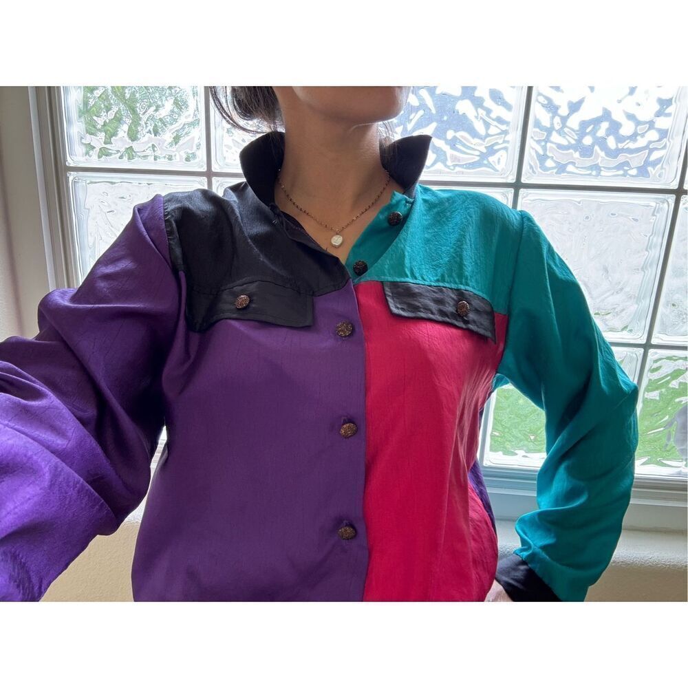 Lauren Lee vintage 80s color block top pullover jacket teal fuchsia neon M